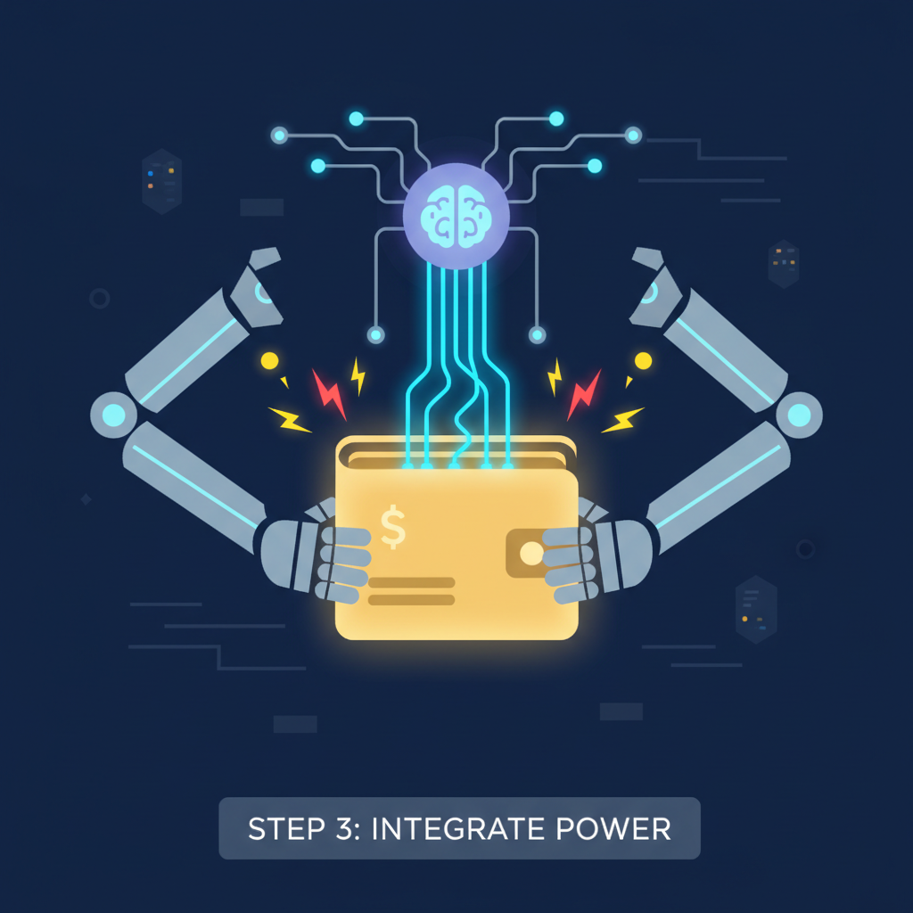 AI agent neural network connecting wires to glowing wallet, sparks flying, sci-fi integration scene