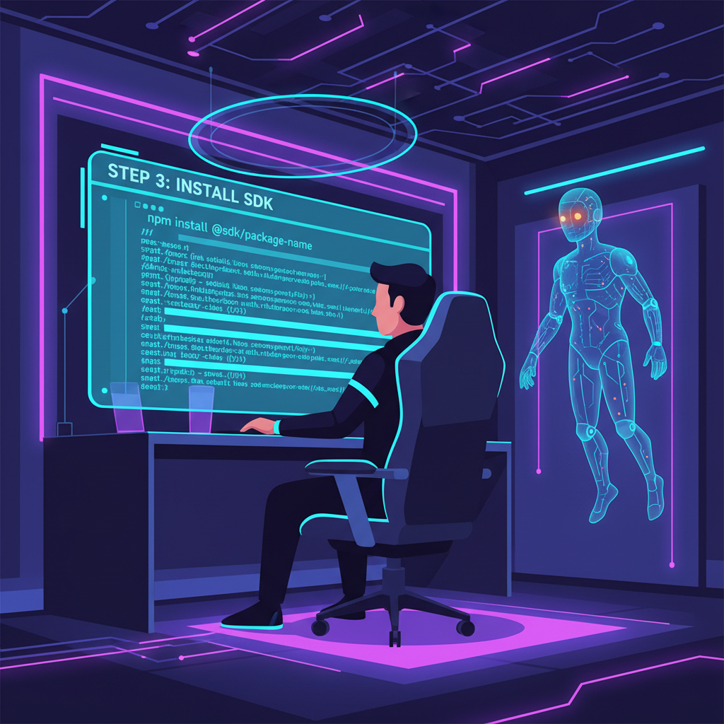 developer coding terminal installing SDK package, holographic AI agent watching, high-tech neon glow, dynamic action