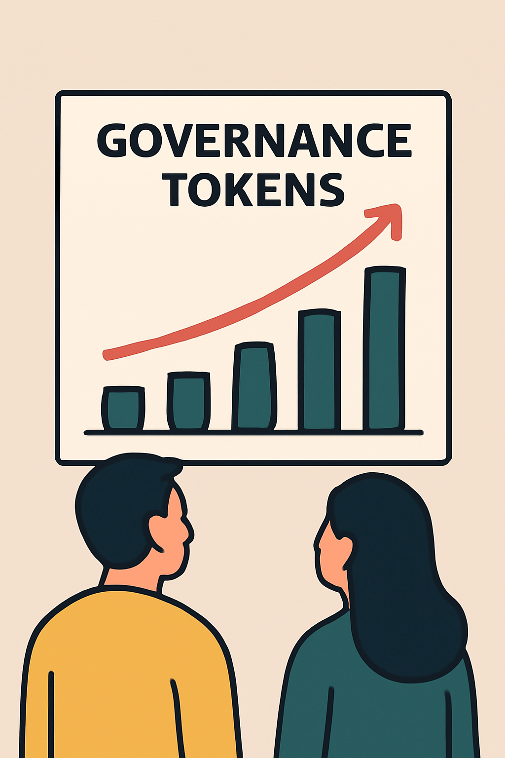 A growing chart with governance tokens and users looking at it, symbolizing aligned interests and protocol growth.