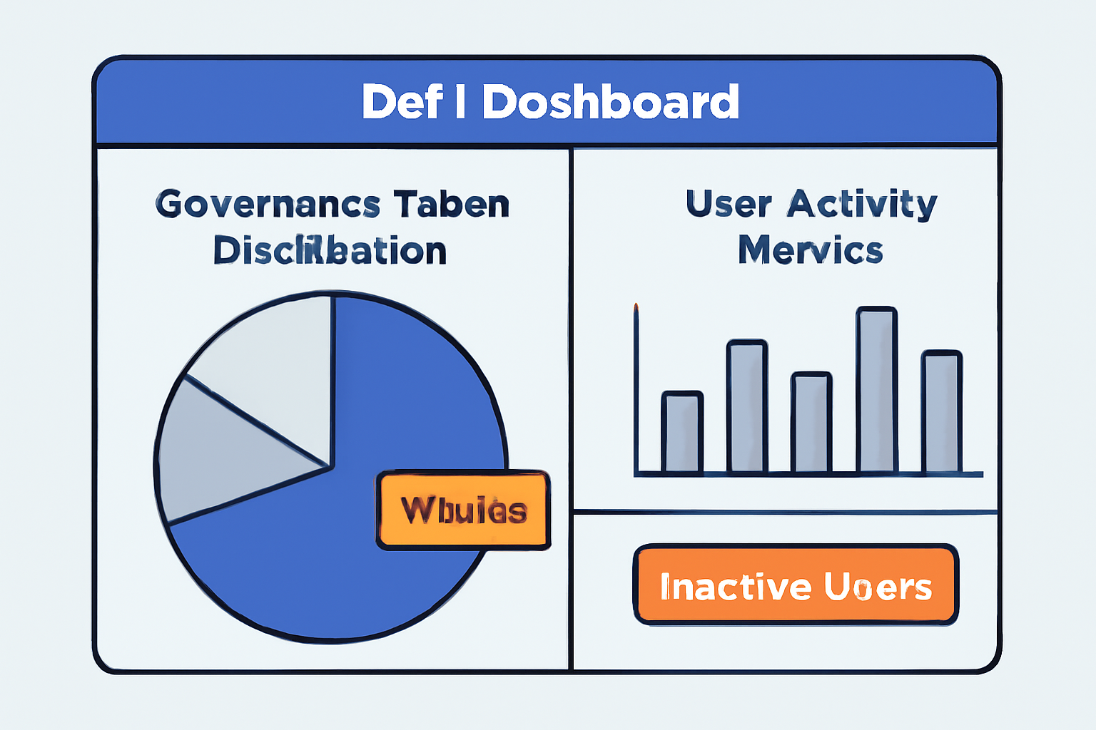 A DeFi dashboard showing governance token distribution charts and user activity metrics, with highlighted segments for whales and inactive users.