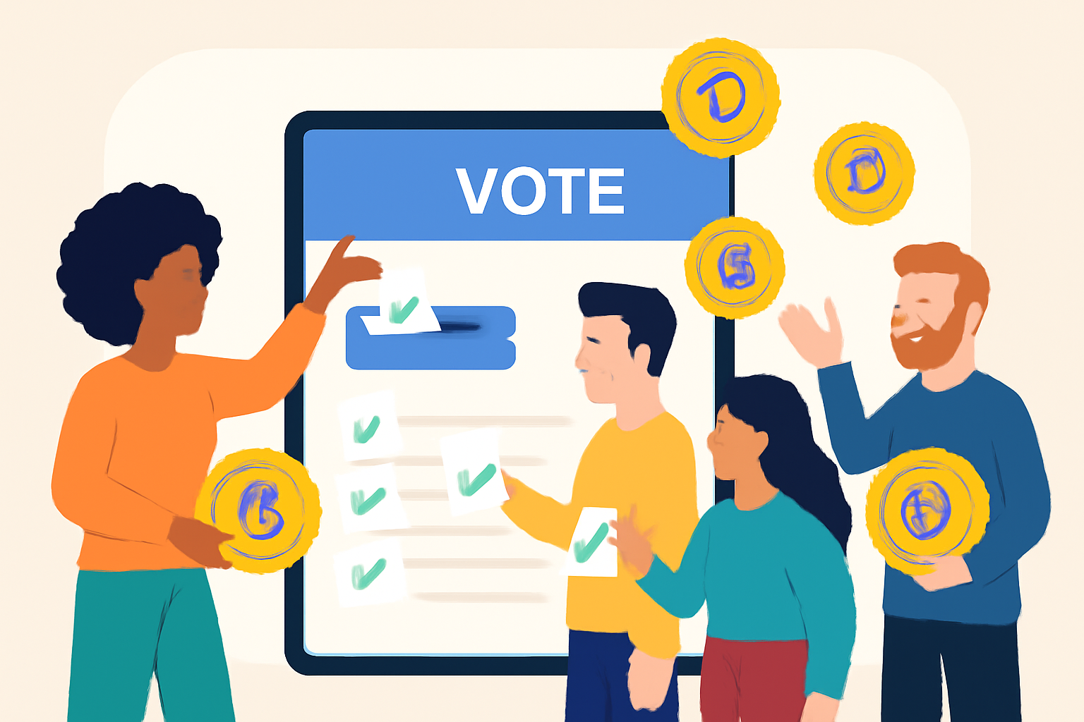A group of diverse crypto users casting votes on a digital governance platform, with tokens being distributed as rewards.