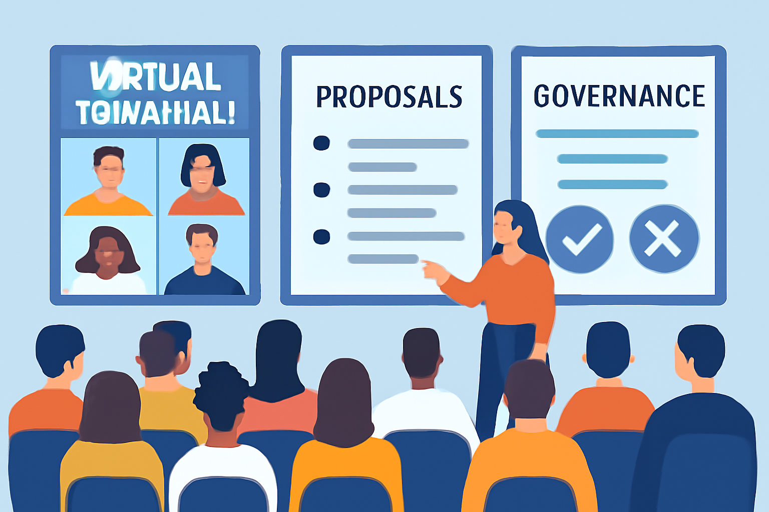 A virtual town hall with community members discussing proposals, digital screens showing governance topics, and voting icons.
