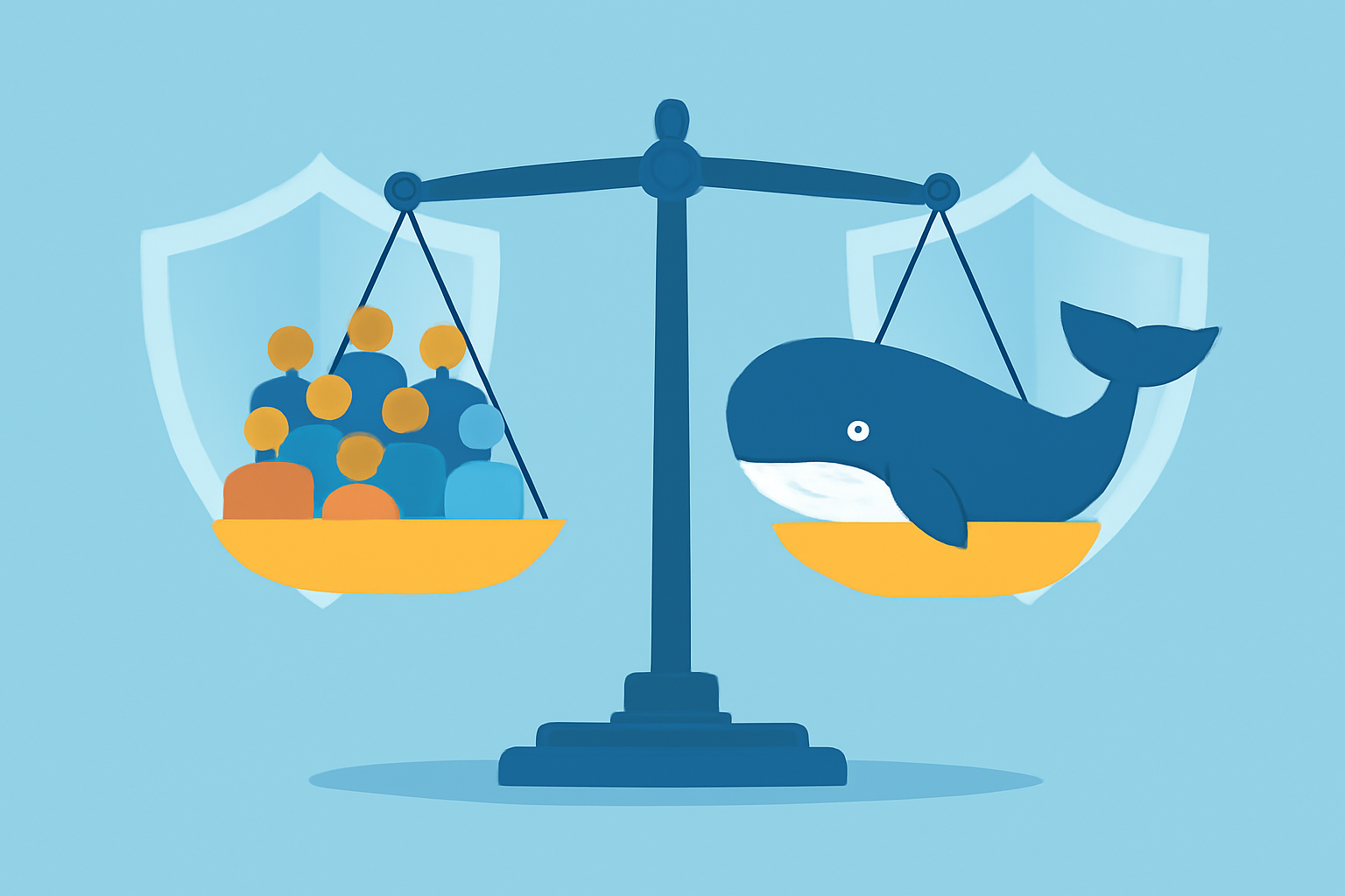 A digital scale balancing many small token holders on one side and a single large whale on the other, with security shields in the background.