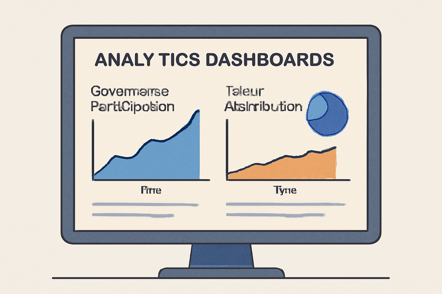 A dashboard with charts tracking governance participation, token spread, and feedback forms, with a magnifying glass inspecting the data.