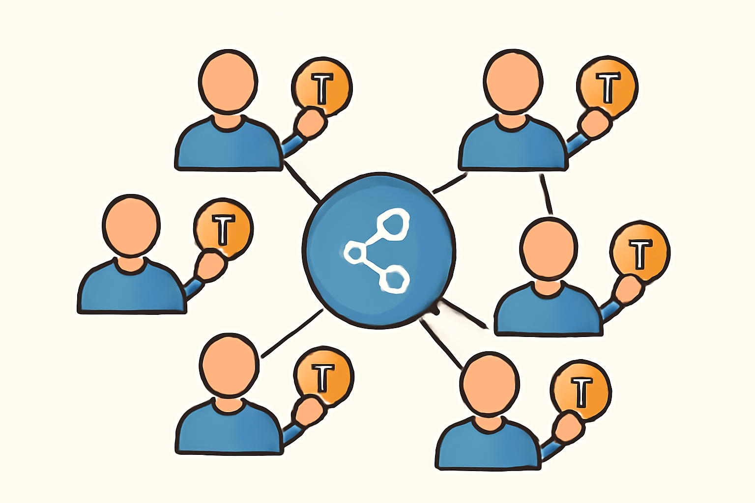 A web of interconnected users holding governance tokens, illustrating decentralized control over protocol decisions.
