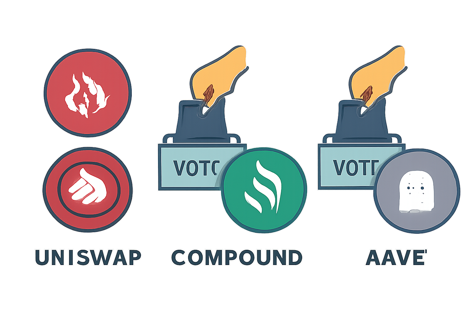 Logos of Uniswap, Compound, and Aave with governance tokens and voting icons, representing active community governance.