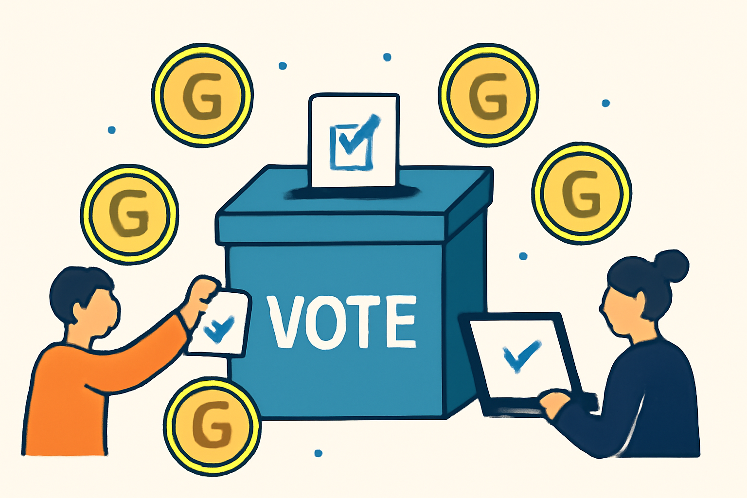 A digital ballot box surrounded by governance tokens, with users casting votes electronically.