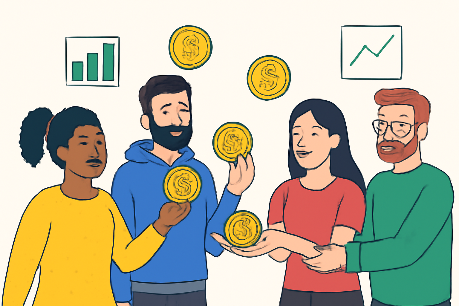 A diverse group of crypto users receiving digital tokens as rewards for participating in a DeFi protocol, with charts and coins floating around.