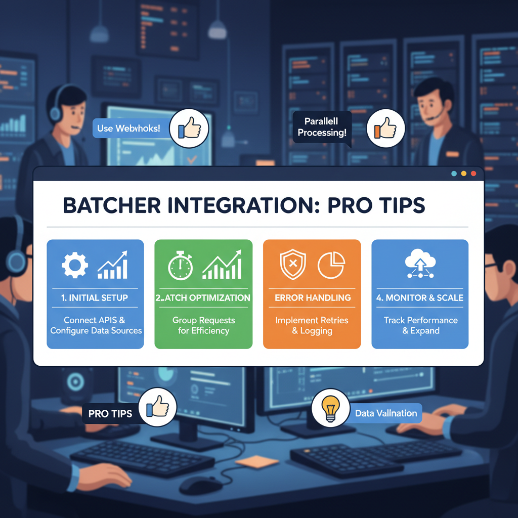 pro tips dashboard for batcher integration, charts and tips icons, energetic dev workspace