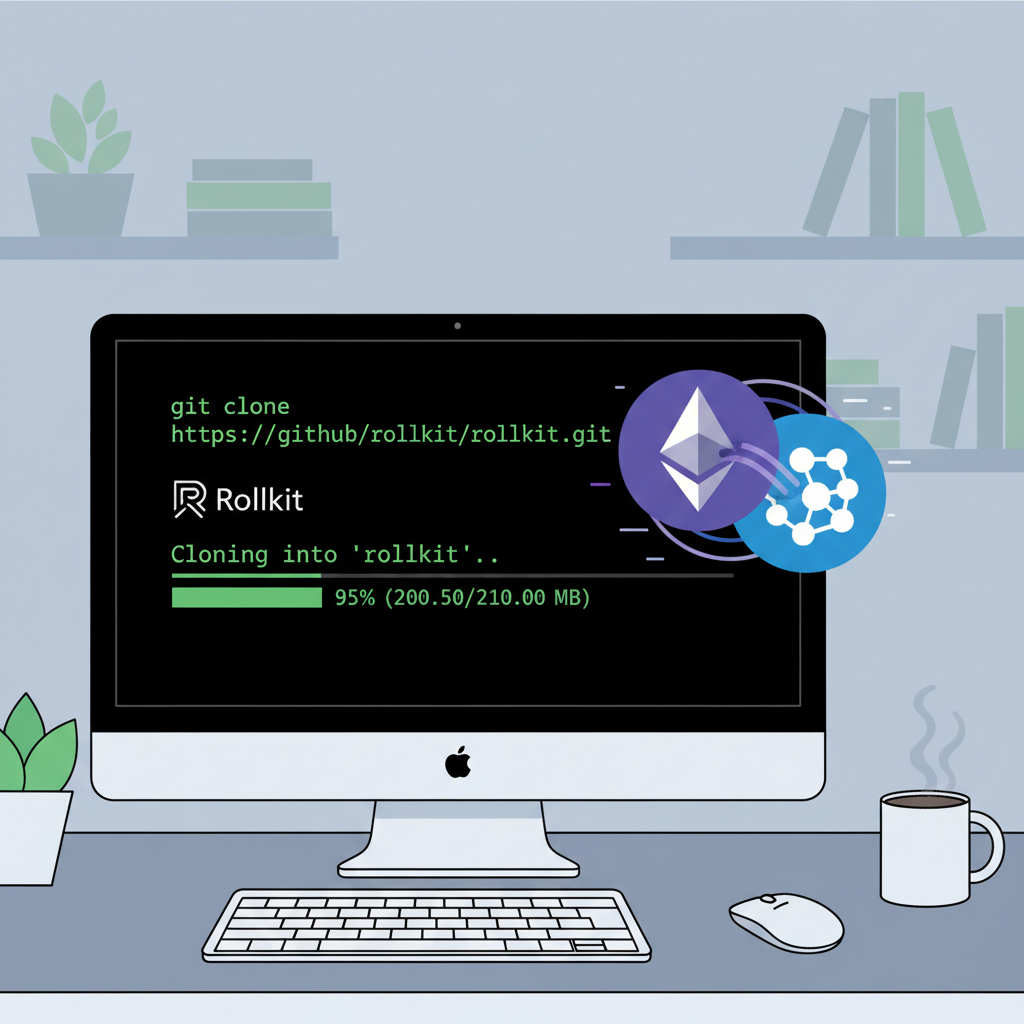 git clone command in terminal, Rollkit repo downloading, Ethereum and Celestia logos merging, developer workspace