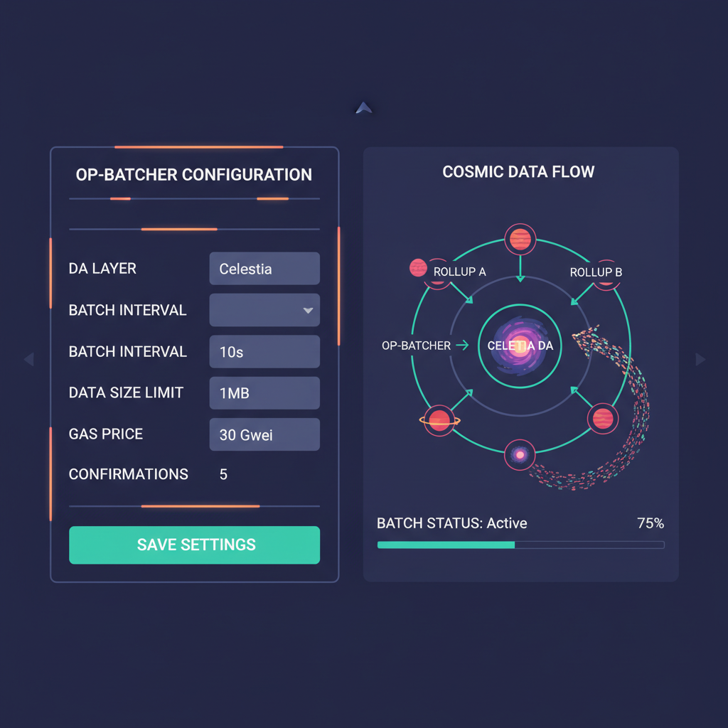 configuring op-batcher for Celestia DA, dashboard with batcher settings, cosmic data flow