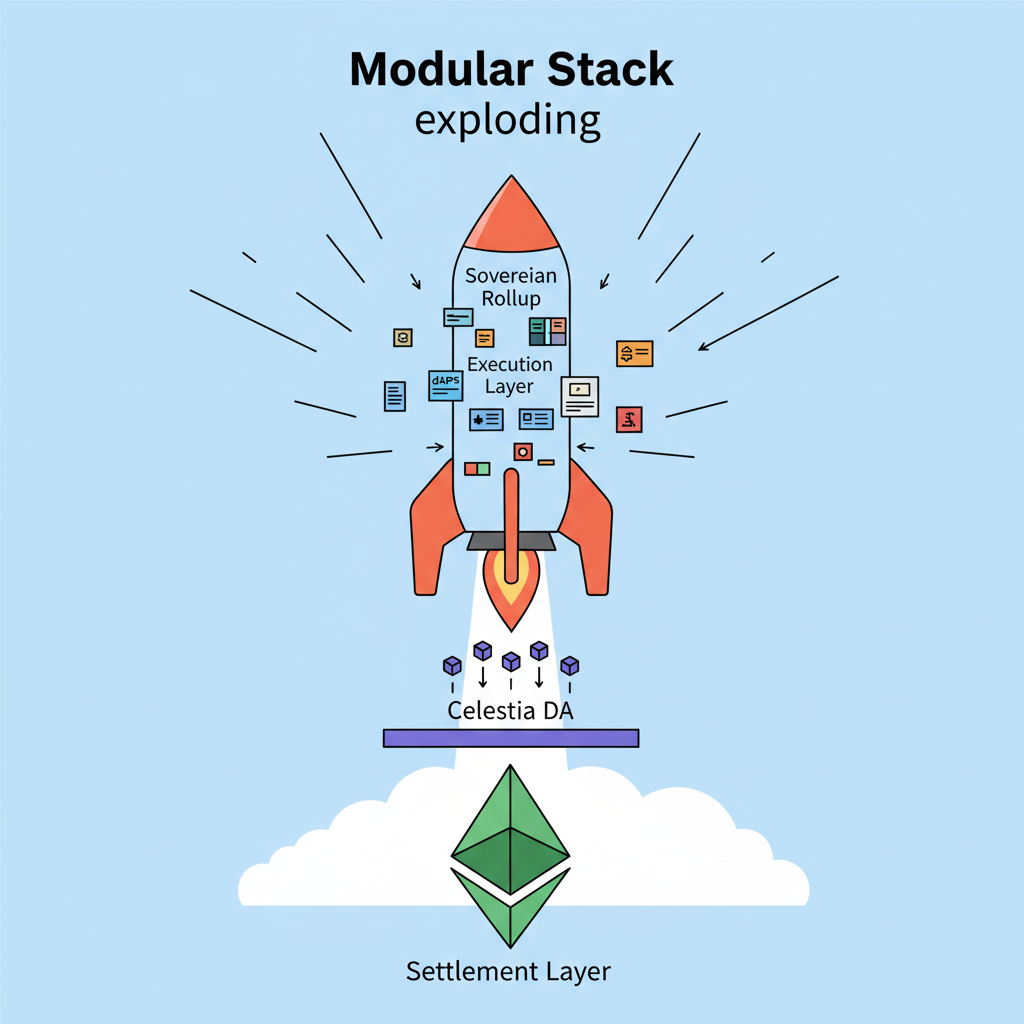 sovereign rollup deploying rocket launch, Celestia DA base Ethereum settlement top, modular stack diagram exploding