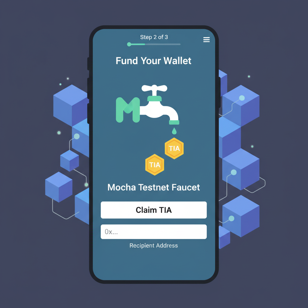 crypto wallet funding screen, Mocha testnet faucet dripping TIA coins, Ethereum settlement layer background