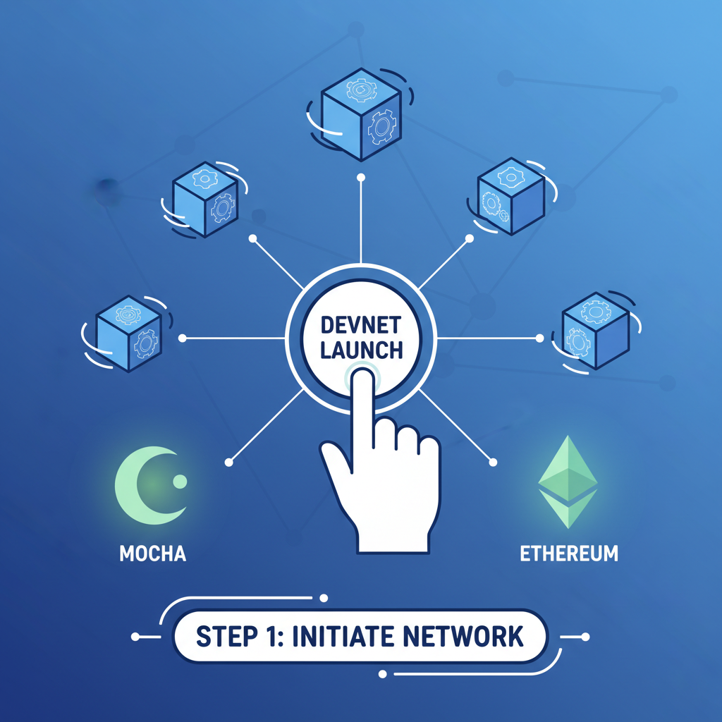 devnet launch button pressed, blockchain nodes spinning up, Celestia Mocha and Ethereum icons pulsing green