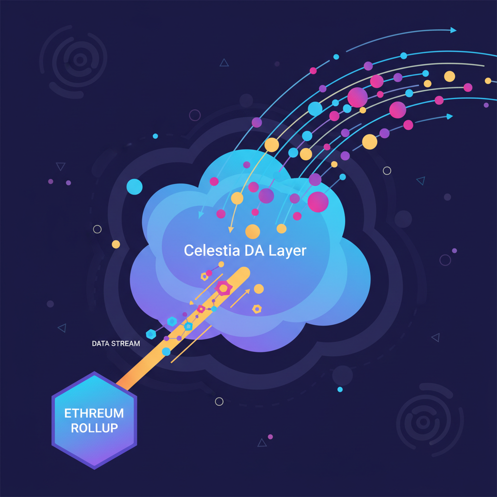 data streaming to Celestia DA layer, glowing blobs in space, ethereum rollup connection