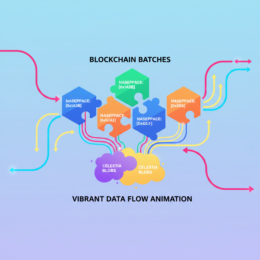 blockchain batches reconstructing puzzle pieces with namespace IDs, Celestia blobs assembling, vibrant data flow animation