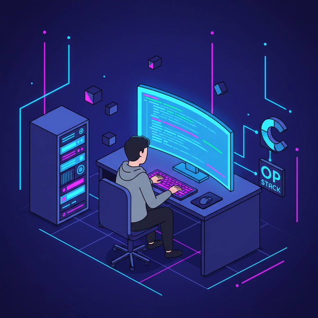 developer setting up devnet for Celestia OP Stack integration, code terminal glowing, neon lights