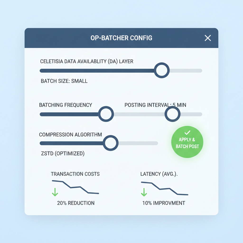 op-batcher config dashboard tweaking sliders for Celestia, batch posting to DA layer, graphs showing reduced costs