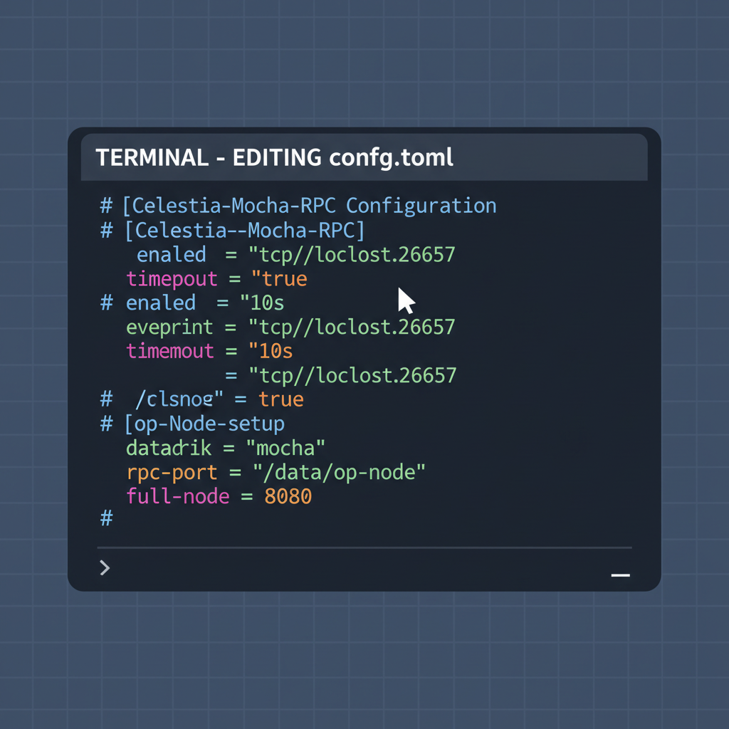 /technical terminal editing config.toml file for Celestia Mocha RPC, op-node setup, code syntax highlight, dark mode, clean UI