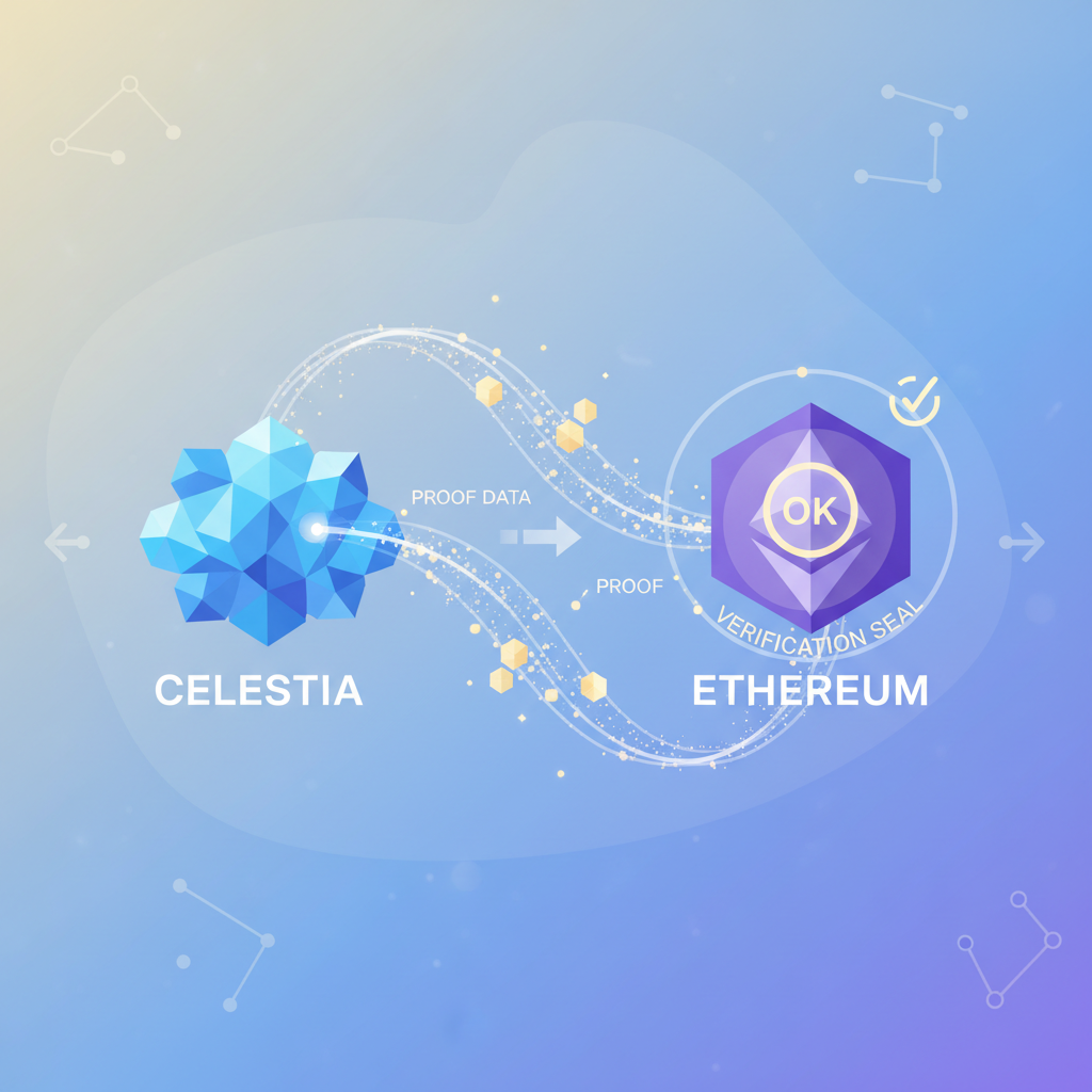 light client verification magic, ethereal proofs connecting Celestia and Ethereum, sparkling effects