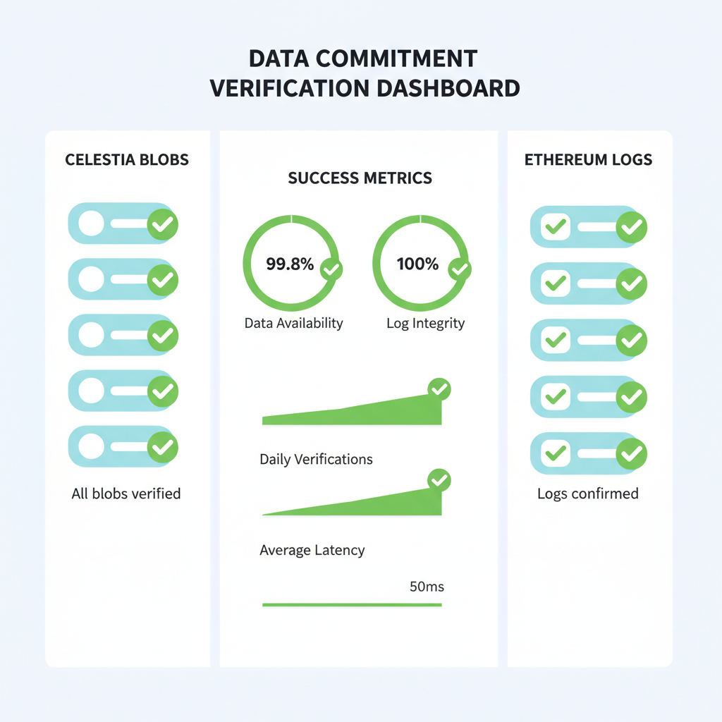 data commitment verification dashboard, green checks on Celestia blobs and Ethereum logs, success metrics graphs