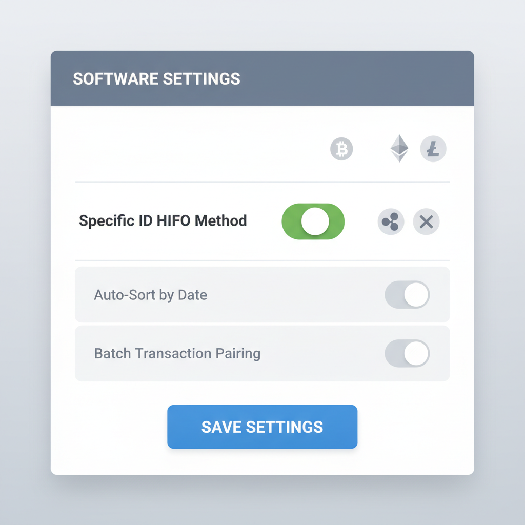 software settings panel toggling Specific ID HIFO method with crypto icons