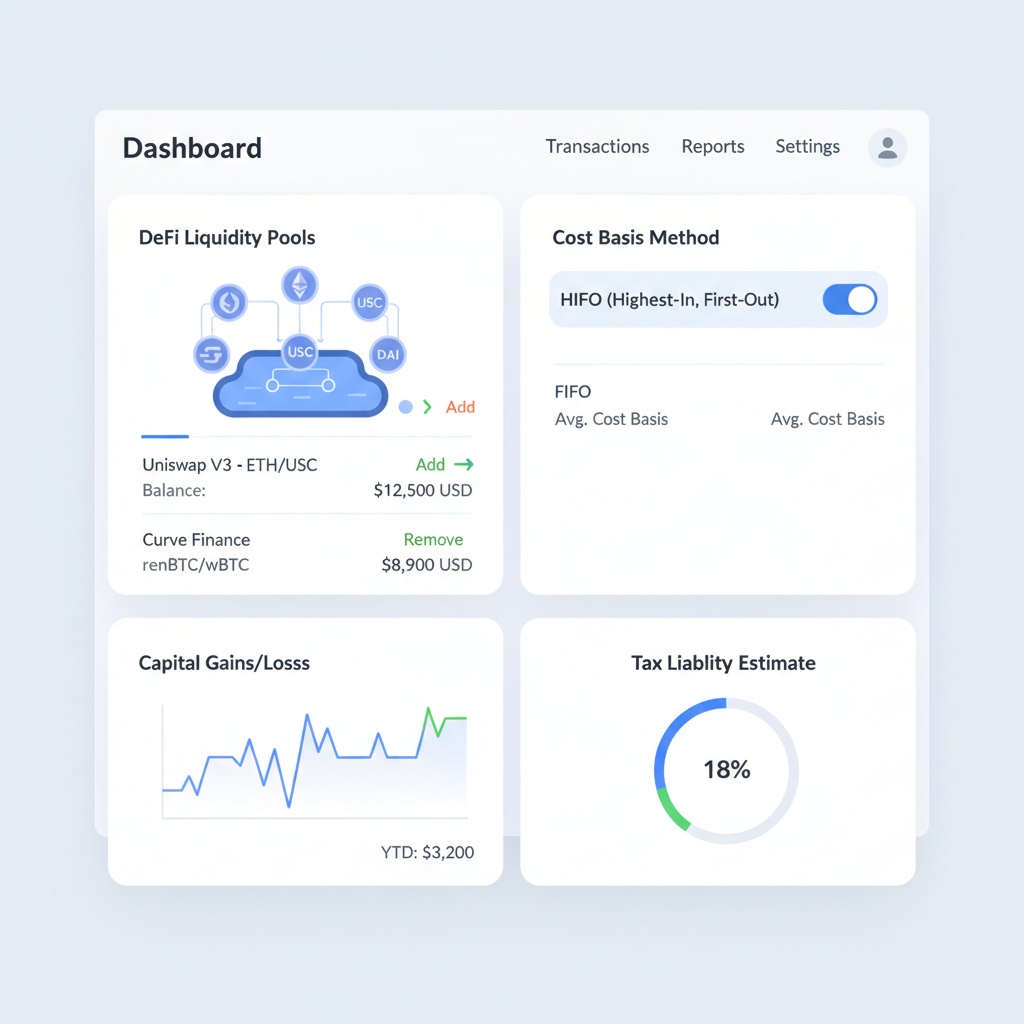 sleek crypto tax software dashboard showing DeFi liquidity pools and HIFO cost basis options