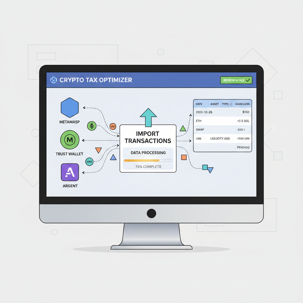 data import screen with crypto transactions flowing into tax software from DeFi wallets