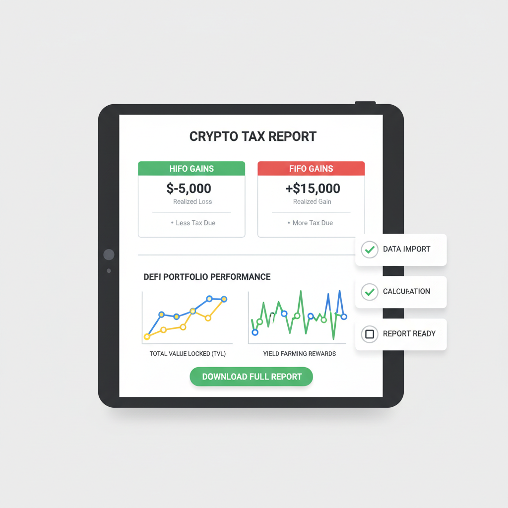 tax calculator output screen displaying HIFO gains vs FIFO with DeFi charts