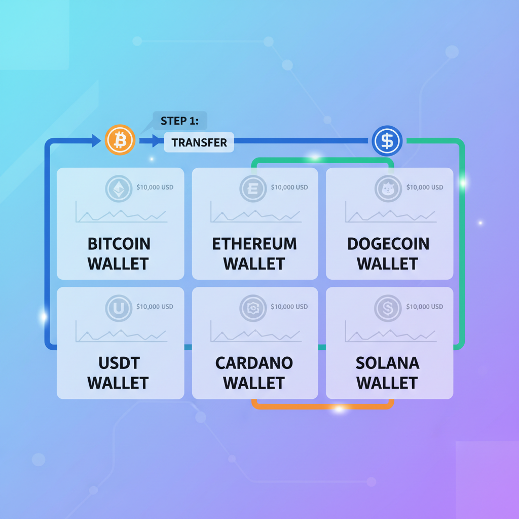 multiple crypto wallets organized on a digital dashboard with wallet-by-wallet labels