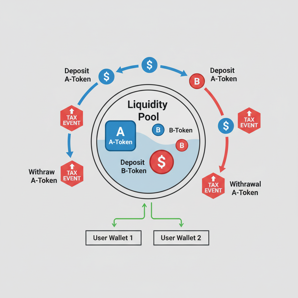 DeFi liquidity pool diagram showing token deposit withdrawal with tax event markers