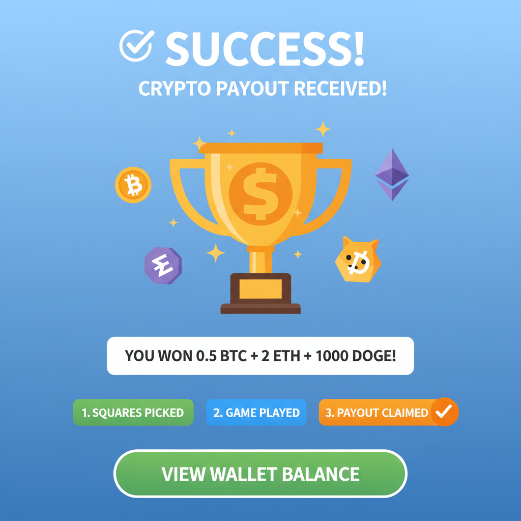 success screen claiming crypto payout from super squares win