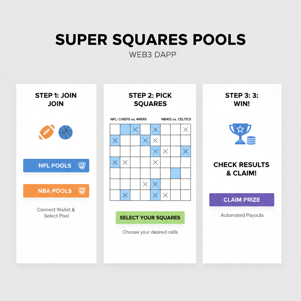 clean web3 dapp dashboard showing NFL NBA super squares pools