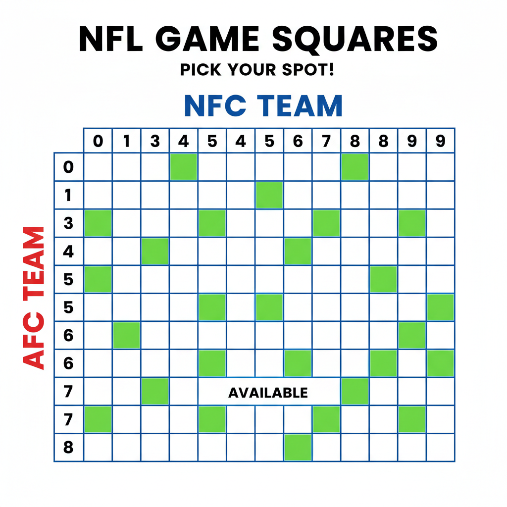10x10 super squares grid for NFL game with available spots highlighted