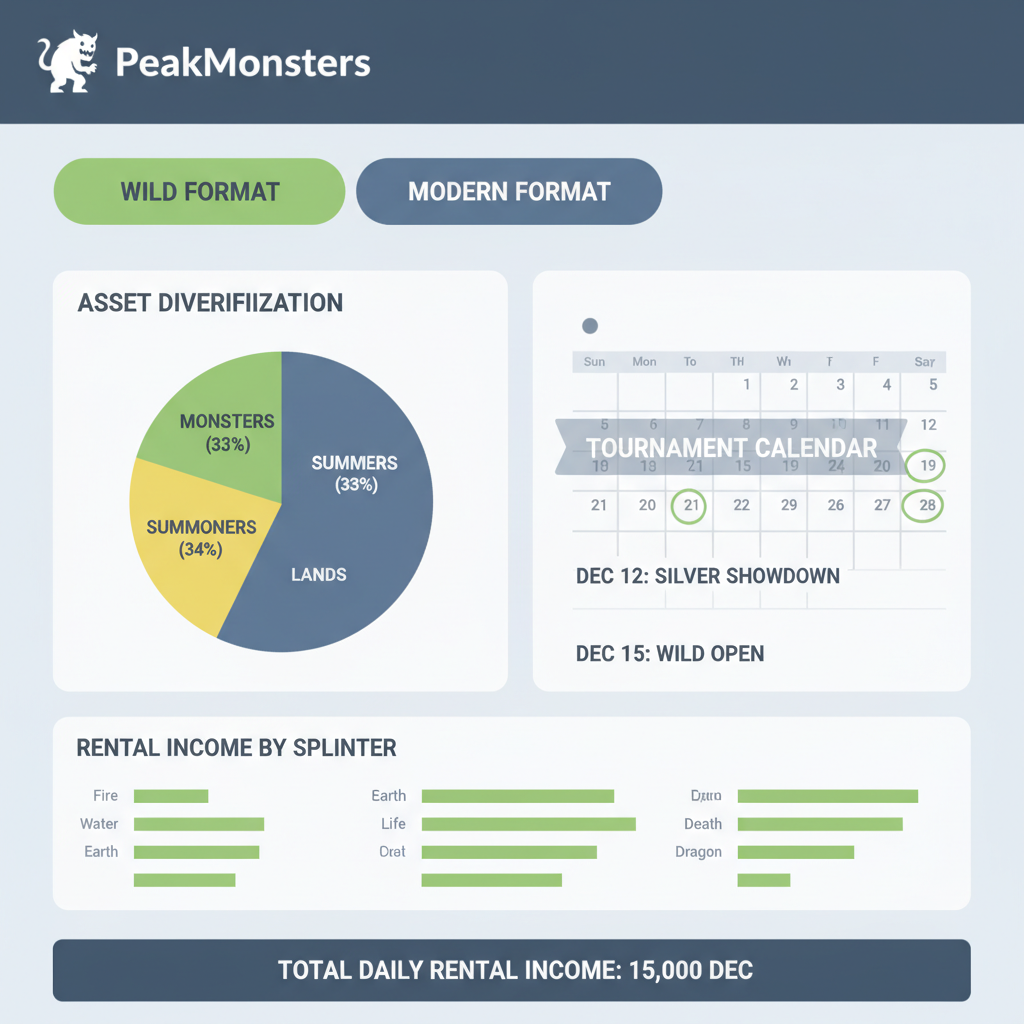 /imagine prompt: PeakMonsters rental diversification dashboard with Wild and Modern format tabs, tournament calendar overlay, balanced pie chart --ar 16:9