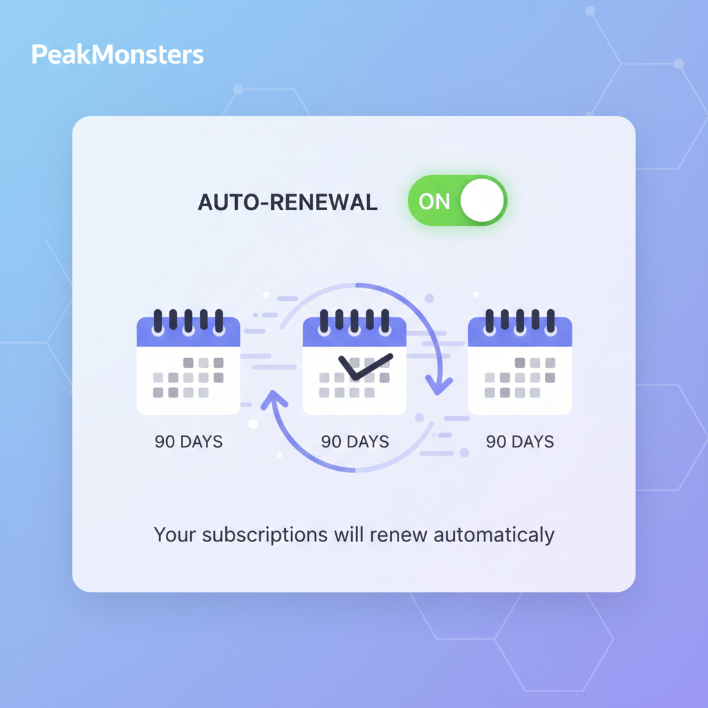 /imagine prompt: PeakMonsters auto-renewal toggle switched on, calendar icons for 90-day cycles, seamless renewal animation --ar 16:9
