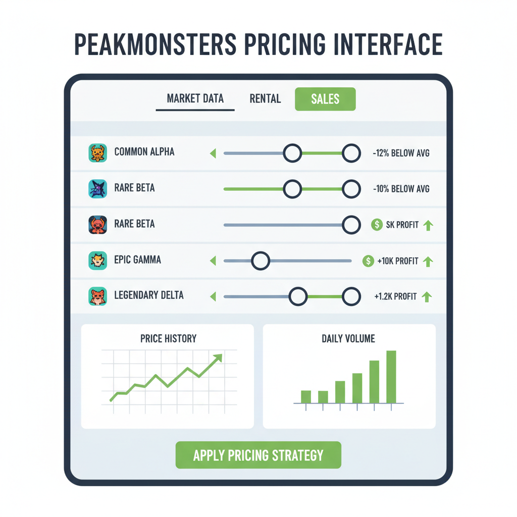 /imagine prompt: PeakMonsters pricing interface with dynamic sliders set 10-15% below average, charts showing market data, green profit indicators --ar 16:9