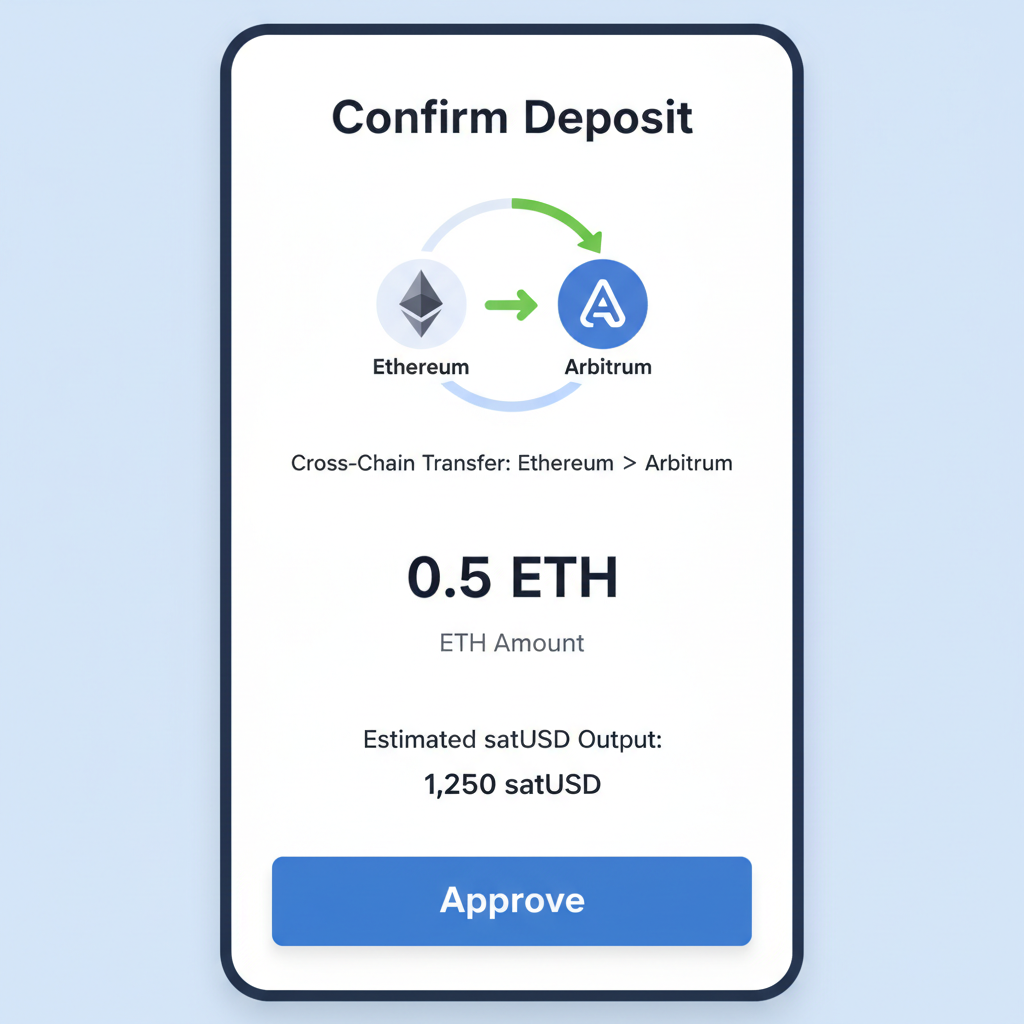 screenshot of River deposit confirmation screen with approve button, ETH amount, estimated satUSD output, cross-chain indicators for Ethereum to Arbitrum