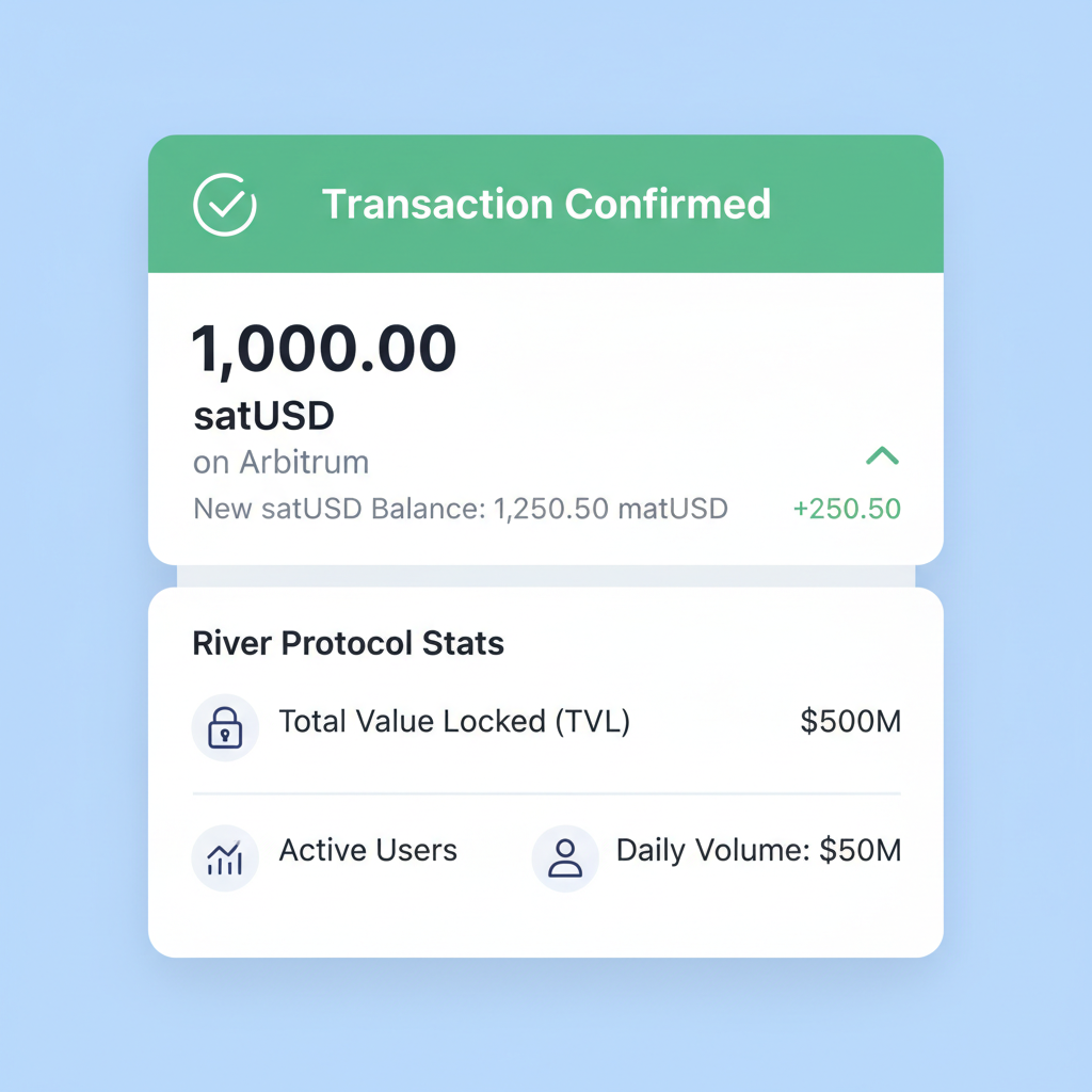 screenshot of successful River transaction confirmation, satUSD balance update on Arbitrum, TVL stats visible