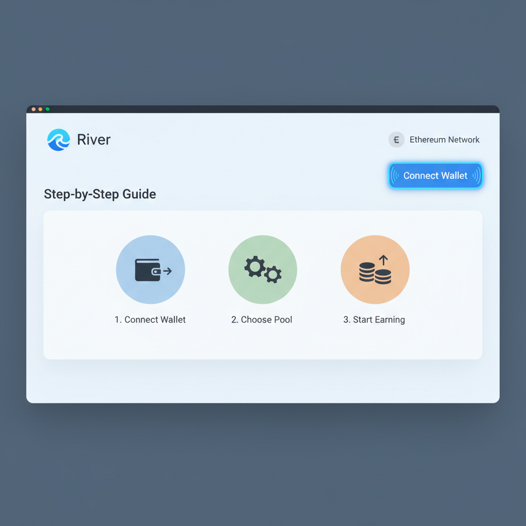 clean screenshot of River app homepage with 'Connect Wallet' button highlighted, modern DeFi UI, Ethereum network selector visible