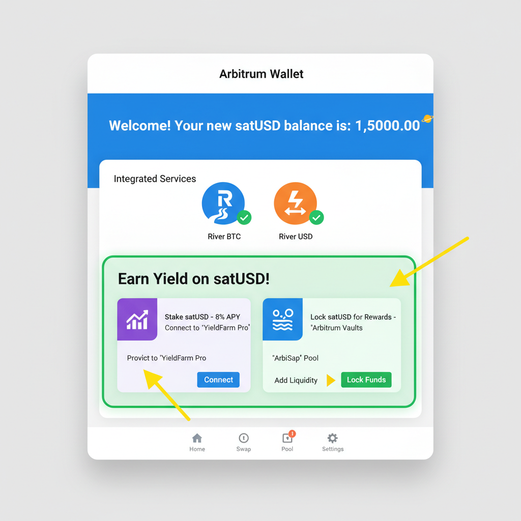 screenshot of Arbitrum wallet or DEX showing new satUSD balance, River integration icons, yield opportunities highlighted