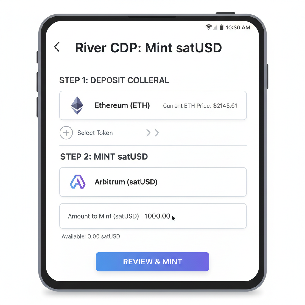screenshot of River CDP interface showing Ethereum ETH deposit selection, Arbitrum satUSD mint, amount input field, current ETH price $2145.61 displayed