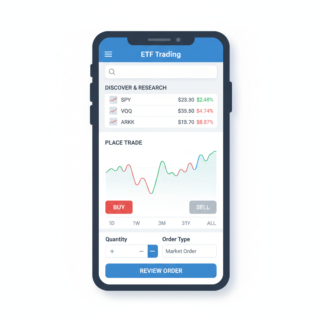 clean interface of Fidelity or Schwab app showing ETF trading options, professional financial dashboard