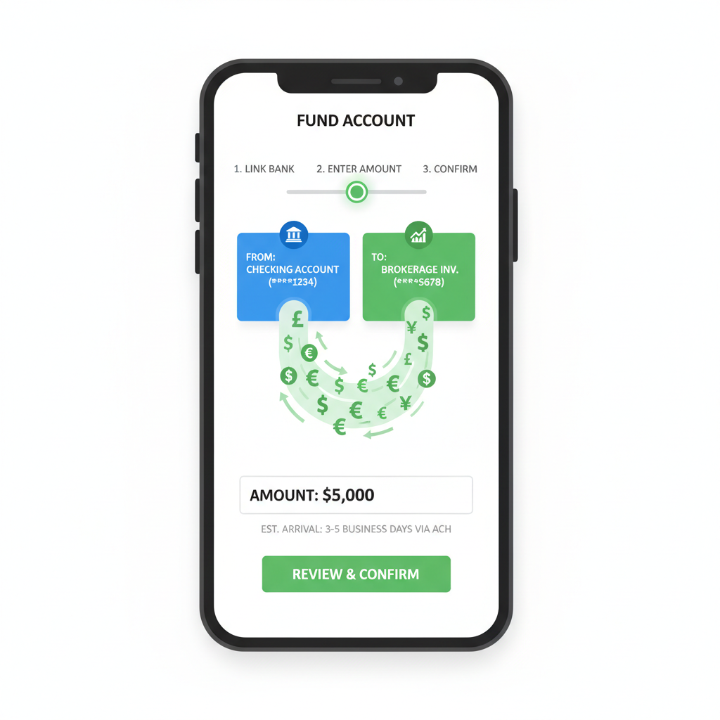 bank transfer screen on brokerage app, ACH funding process illustration, green money flow