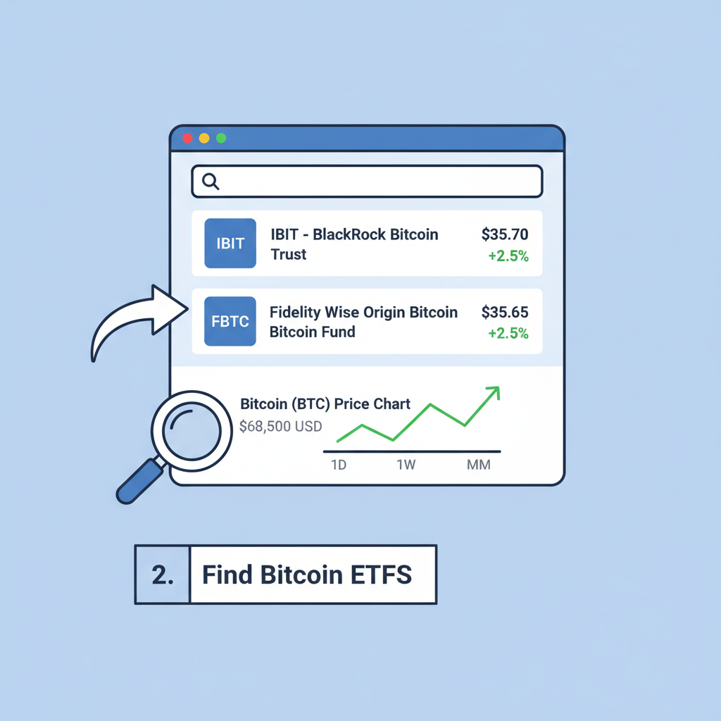 brokerage search results showing IBIT and FBTC ETFs, bitcoin price chart nearby