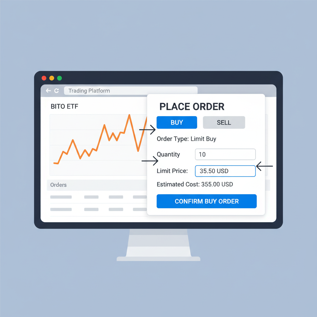 placing limit buy order on trading platform, order ticket with bitcoin ETF details