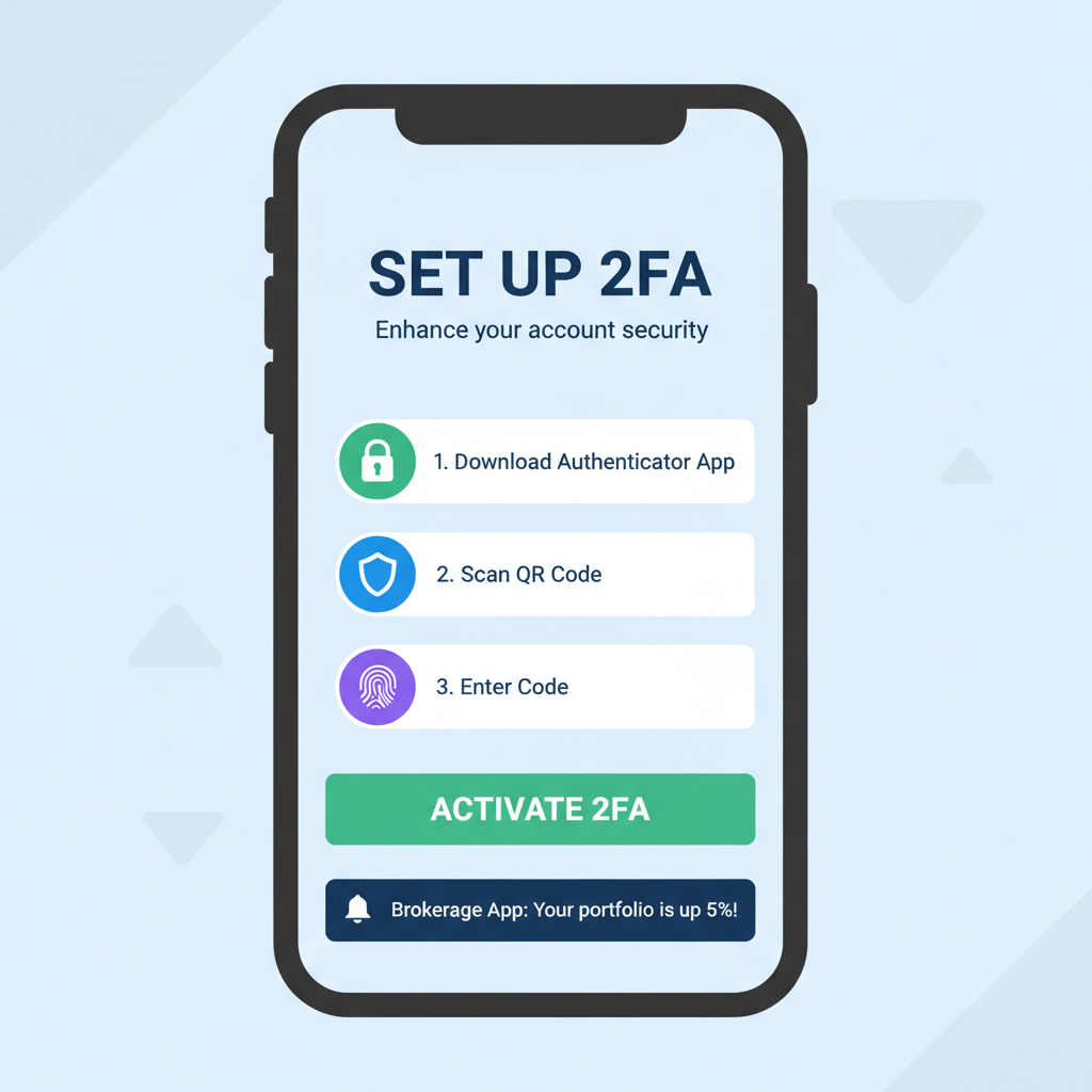 smartphone with 2FA setup screen, security lock icons, brokerage app notification