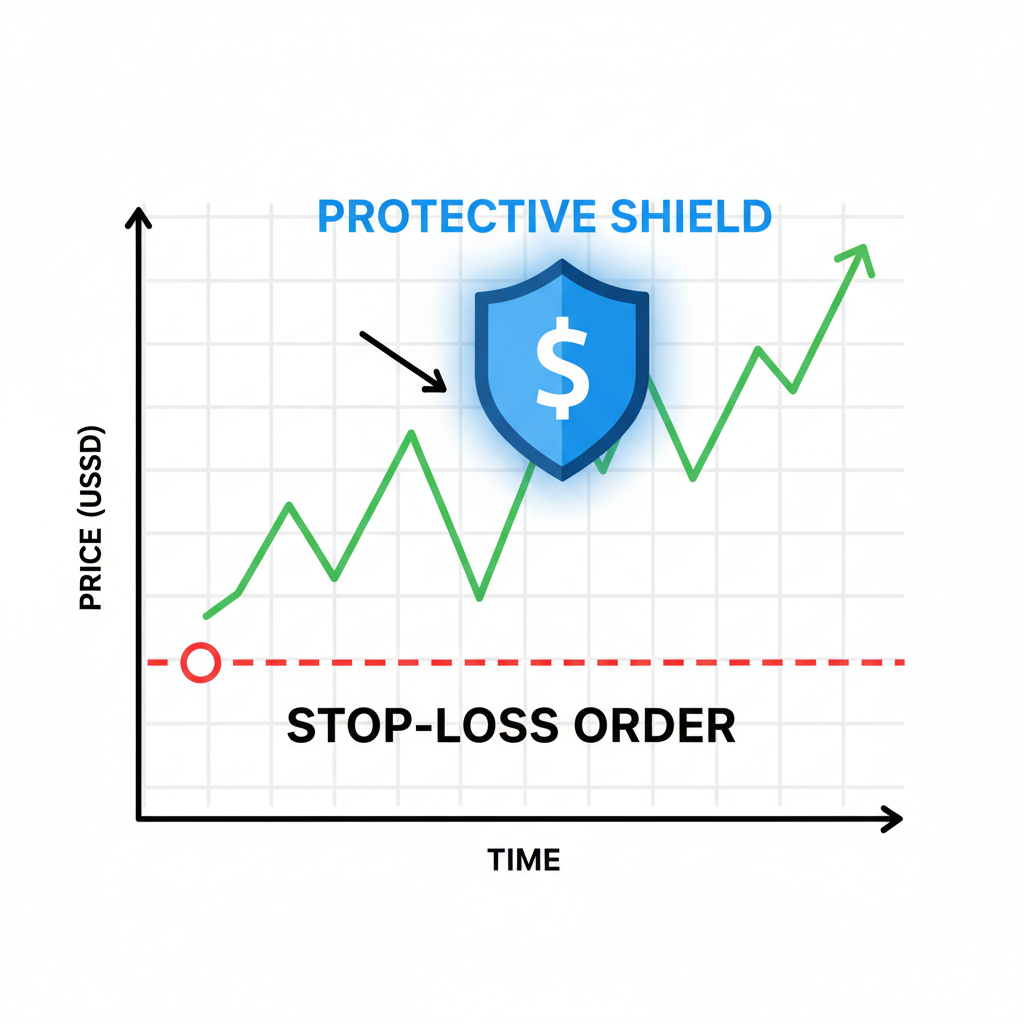 trading chart with stop-loss order marked, protective shield over bitcoin price line