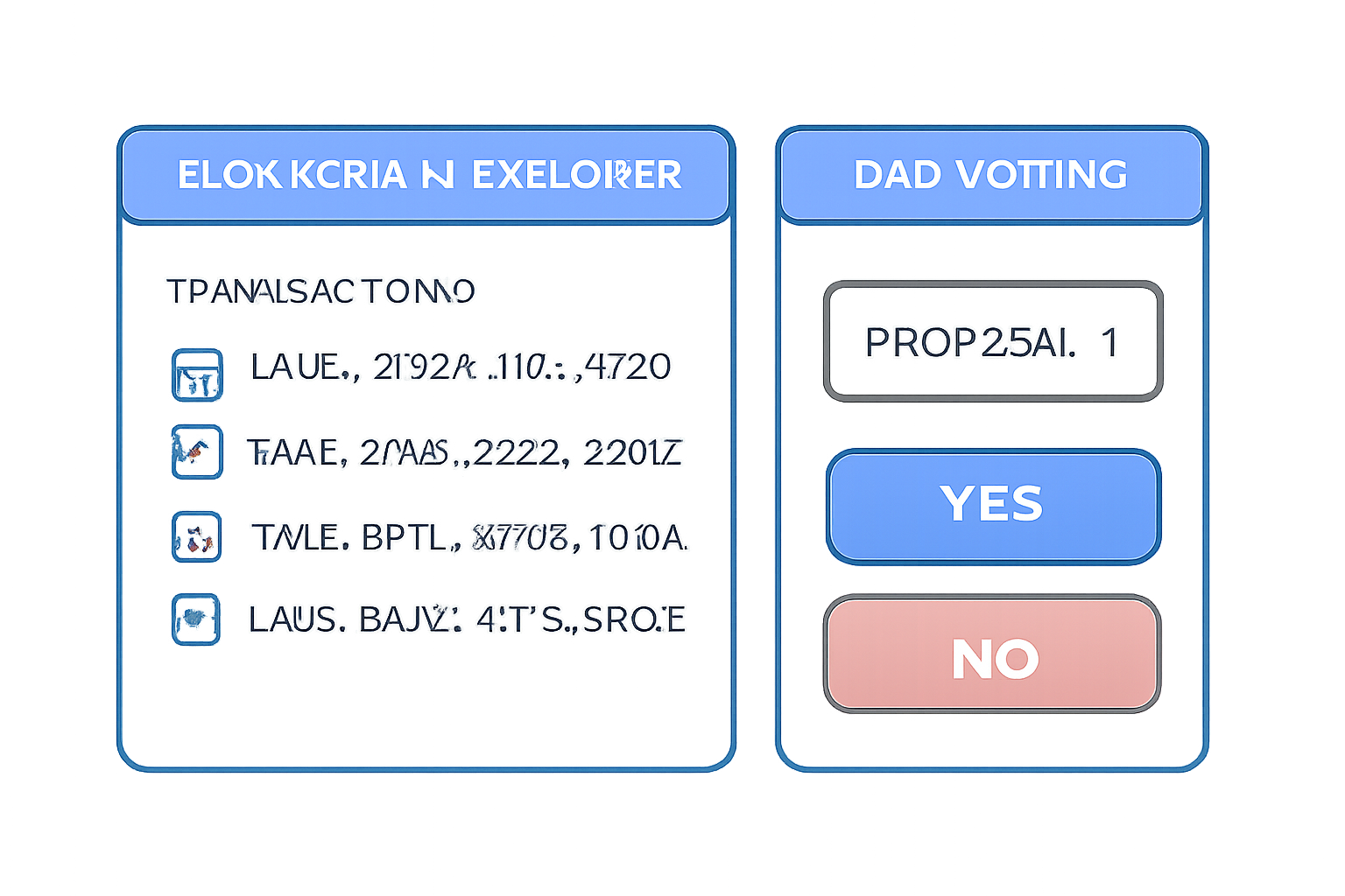 A blockchain explorer interface showing transparent transaction logs and a DAO voting dashboard.