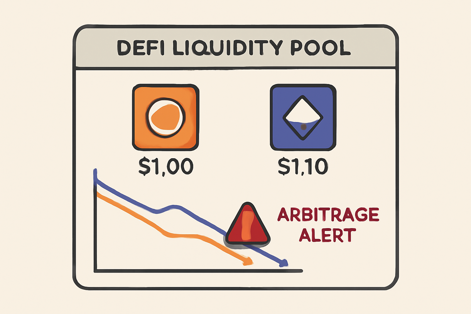 A DeFi liquidity pool dashboard showing two token prices diverging, highlighting an arbitrage alert.
